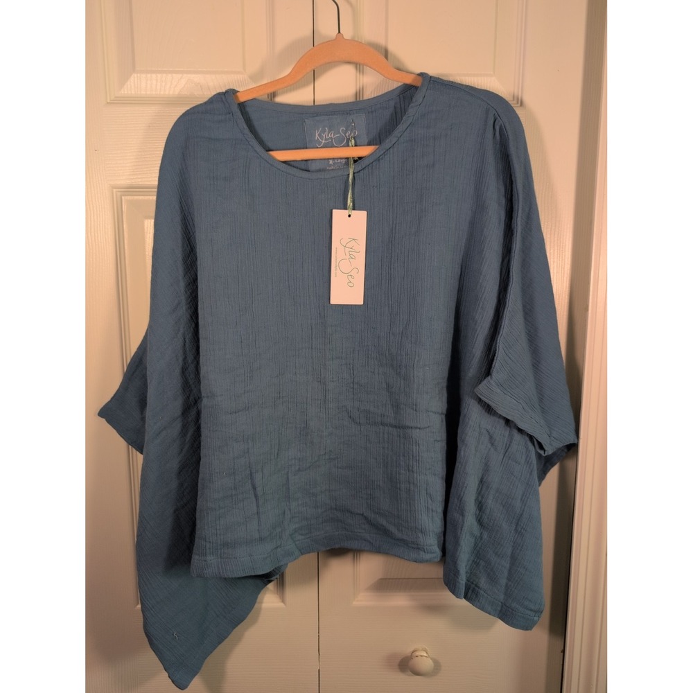 NWT Kyla Seo Anthropologie Blue Cotton Gauze Poncho Blouse Oversized Top